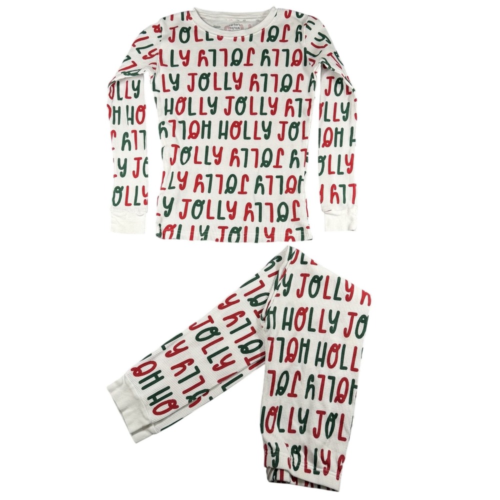 Carters Pajamas Set Kids 12 Red Green Jolly Holly Thermal Christmas 2 Piece